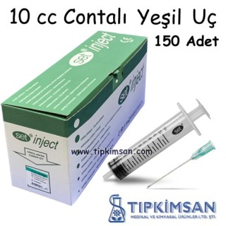 Steril Enjektör 10 cc. Contalı - 3 Parça-Yeşil Uç - 150 Adet