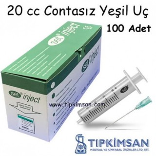 Steril Enjektör 20 cc. Contasız - 2 Parça-Yeşil Uç - 100 Adet