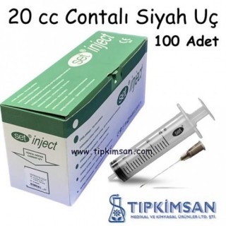 Steril Enjektör 20 cc Contalı - 3 Parça - Siyah Uç - 100 Adet