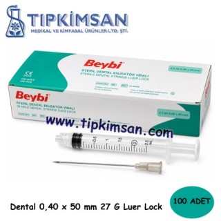 STERİL DENTAL ENJEKTÖR LUER LOCK 2.5 cc Contalı ( 0.40 X 50 MM ) Uzun İğneli - BEYBİ - 100 ADET